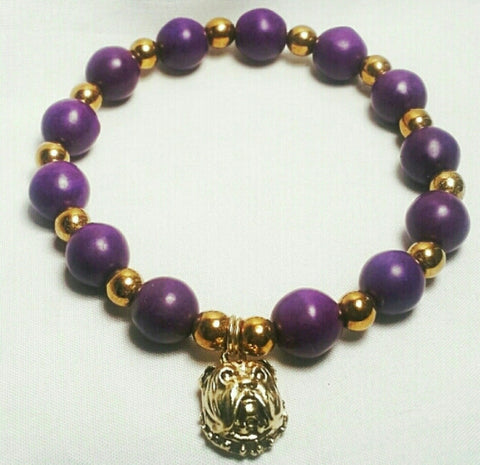 Purple Magnesite and Gold Hematite Beaded Bracelet with Gold Bulldog